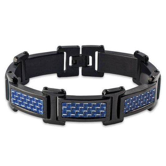 West Coast Jewelry West Coast Jewelry - Blue Carbon Fiber Black Plated Stainless Steel Link Bracelet