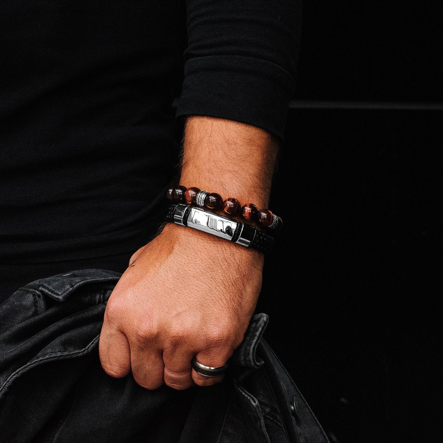 West Coast Jewelry West Coast Jewelry - Crucible Engravable ID Plate Black Leather Bracelet: Silver