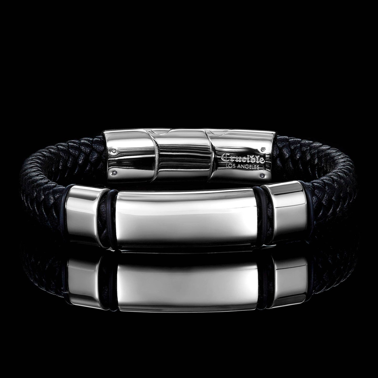 West Coast Jewelry West Coast Jewelry - Crucible Engravable ID Plate Black Leather Bracelet: Silver