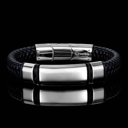 West Coast Jewelry West Coast Jewelry - Crucible Engravable ID Plate Black Leather Bracelet: Silver