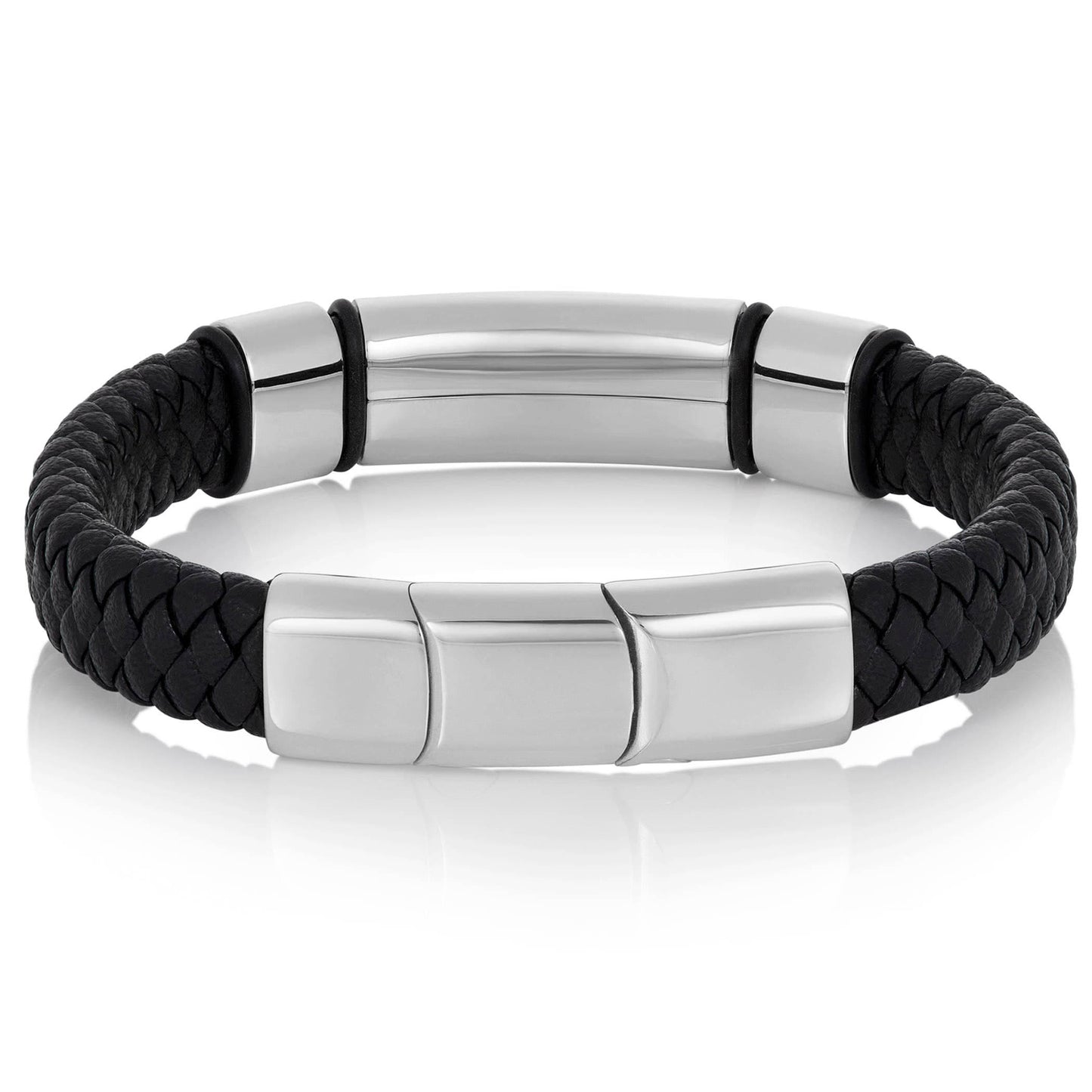 West Coast Jewelry West Coast Jewelry - Crucible Engravable ID Plate Black Leather Bracelet: Silver