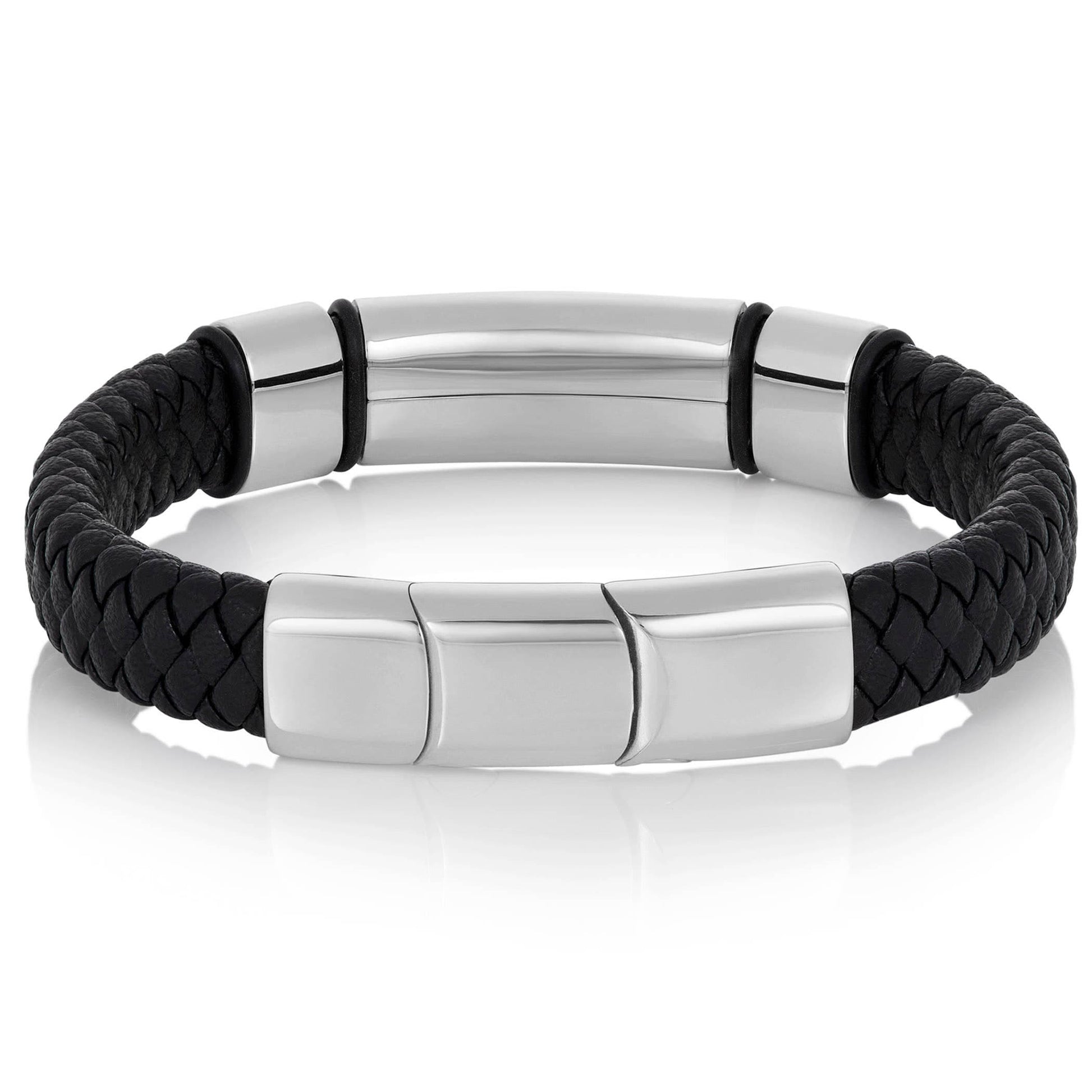 West Coast Jewelry West Coast Jewelry - Crucible Engravable ID Plate Black Leather Bracelet: Silver