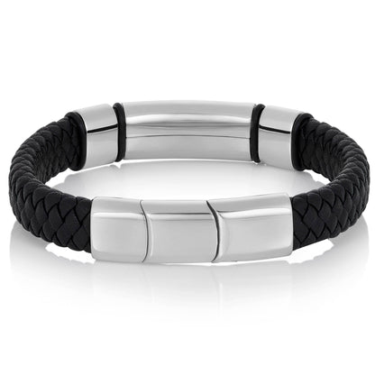 West Coast Jewelry West Coast Jewelry - Crucible Engravable ID Plate Black Leather Bracelet: Silver