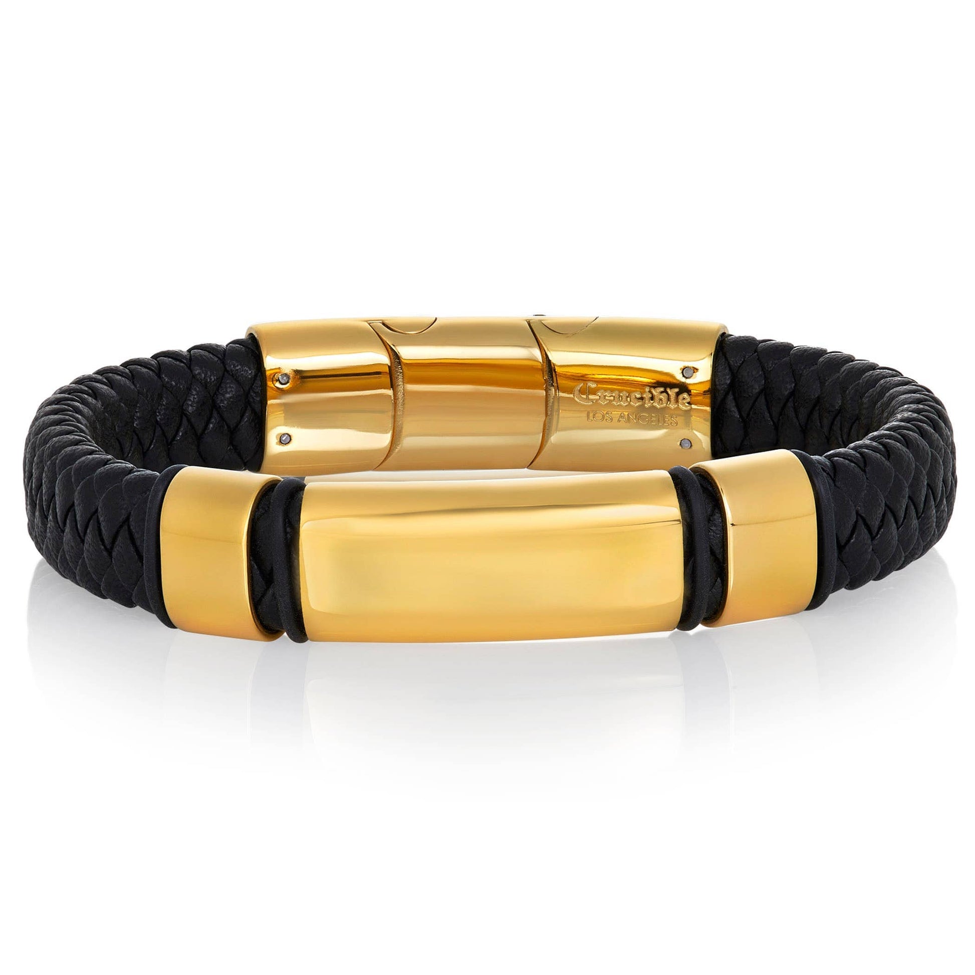 West Coast Jewelry West Coast Jewelry - Crucible Engravable ID Plate Black Leather Bracelet: Silver