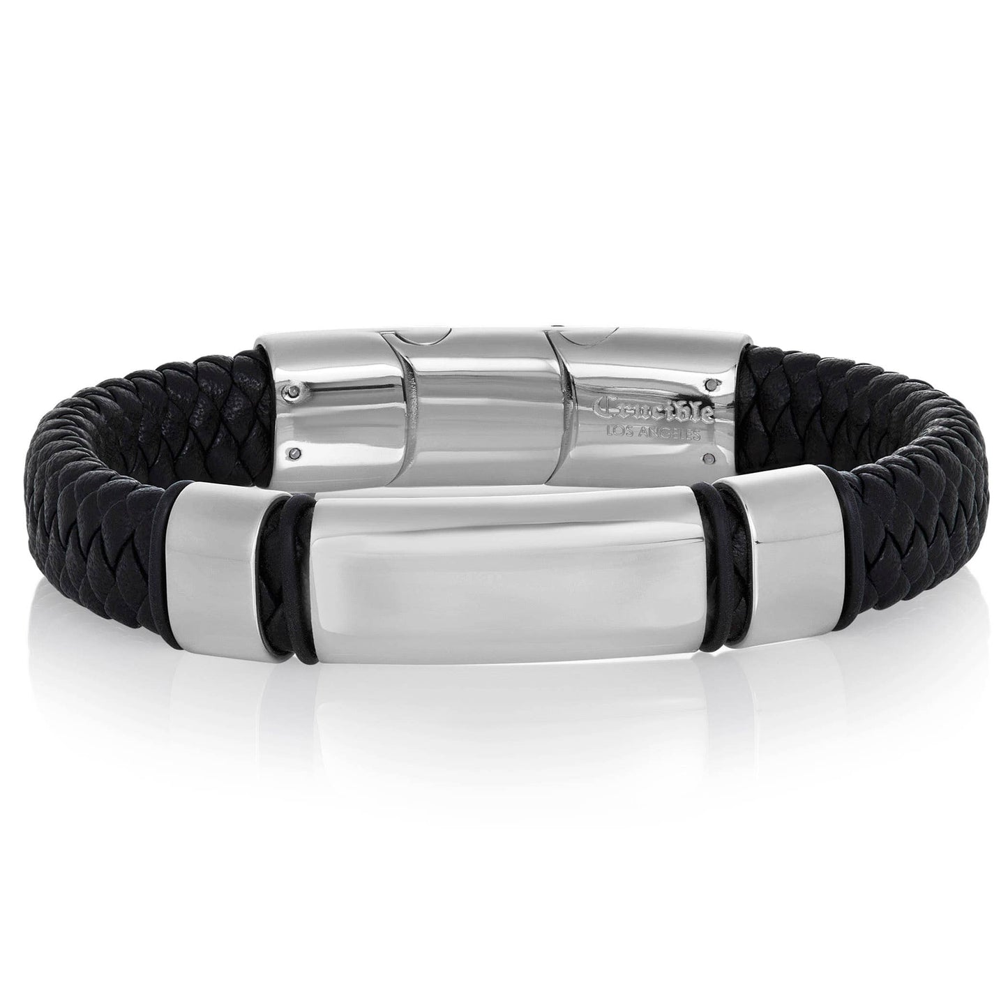 West Coast Jewelry West Coast Jewelry - Crucible Engravable ID Plate Black Leather Bracelet: Silver
