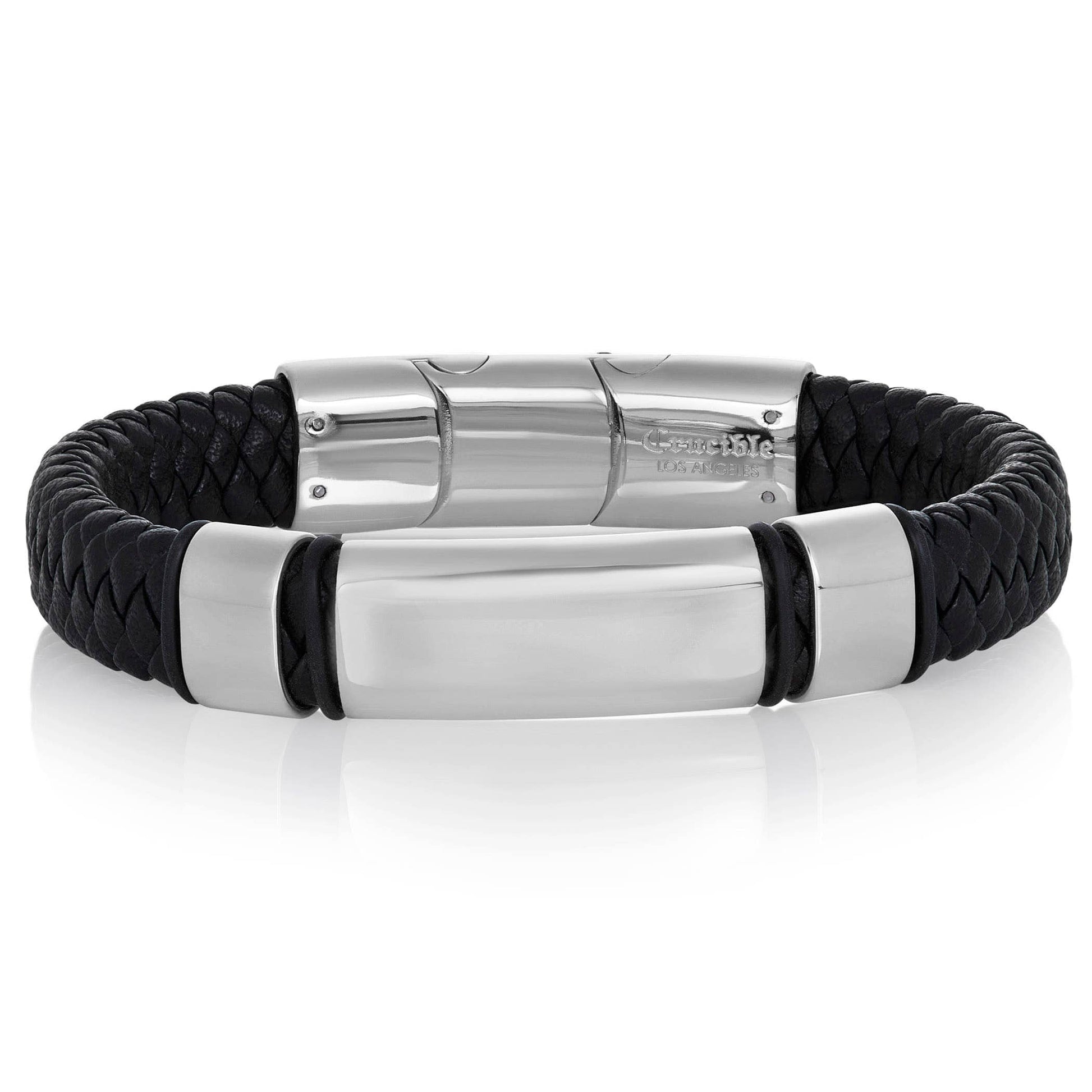 West Coast Jewelry West Coast Jewelry - Crucible Engravable ID Plate Black Leather Bracelet: Silver