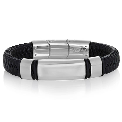West Coast Jewelry West Coast Jewelry - Crucible Engravable ID Plate Black Leather Bracelet: Silver