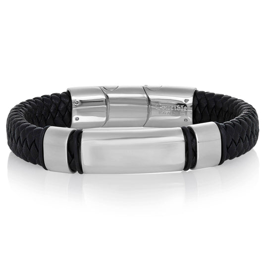 West Coast Jewelry West Coast Jewelry - Crucible Engravable ID Plate Black Leather Bracelet: Silver