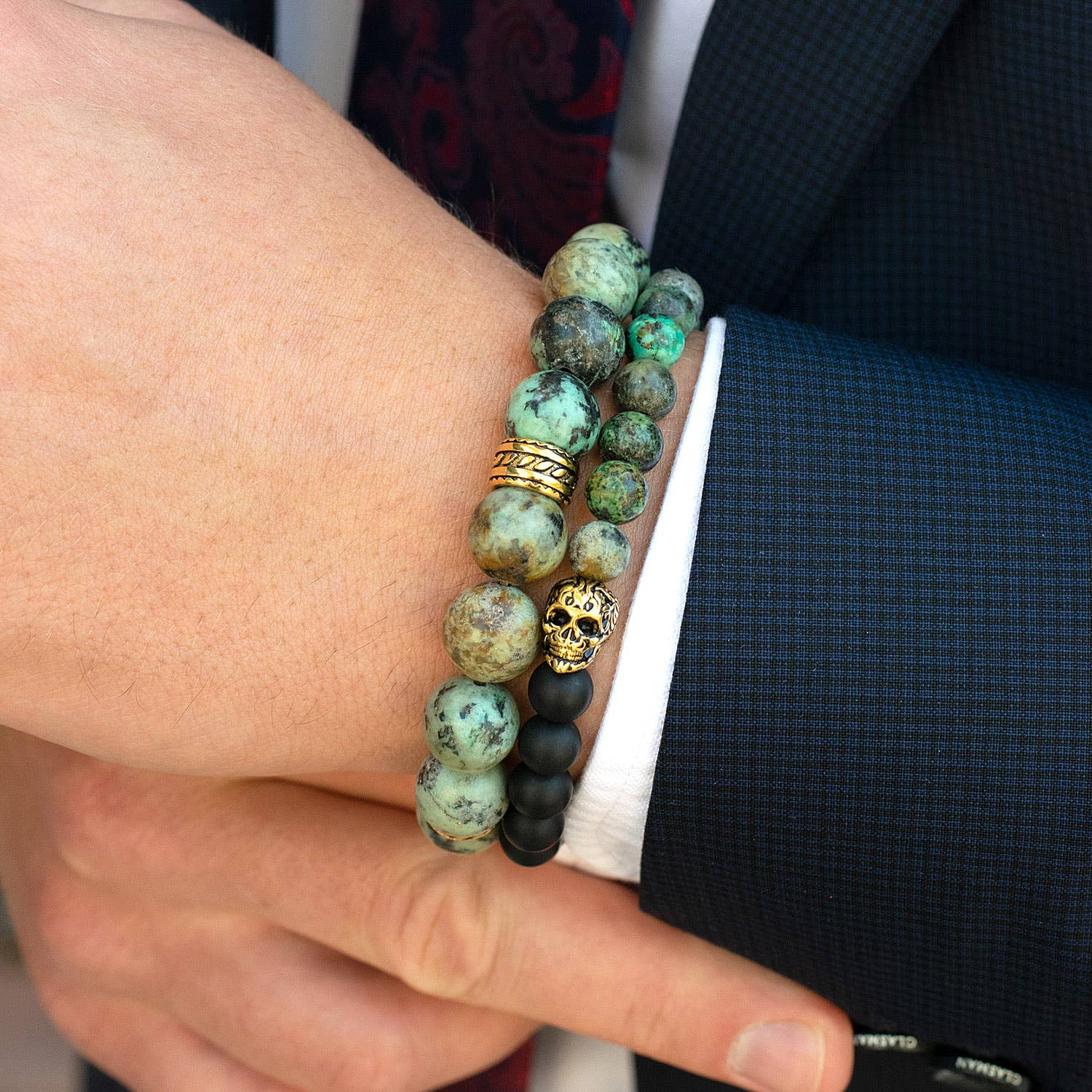 West Coast Jewelry West Coast Jewelry - Crucible Gold IP Skull Natural Stone Stretch Bracelet (8mm)