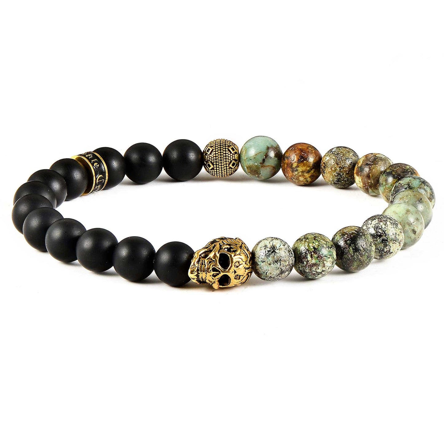West Coast Jewelry West Coast Jewelry - Crucible Gold IP Skull Natural Stone Stretch Bracelet (8mm)