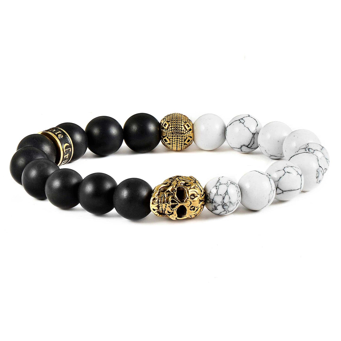 West Coast Jewelry West Coast Jewelry - Crucible Gold Skull Natural Stone Stretch Bracelet (10mm): Polished Onyx and Matte Onyx