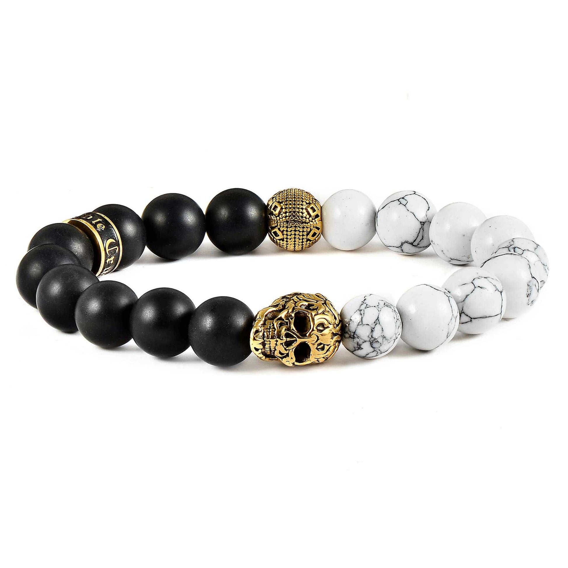 West Coast Jewelry West Coast Jewelry - Crucible Gold Skull Natural Stone Stretch Bracelet (10mm): Polished Onyx and Matte Onyx