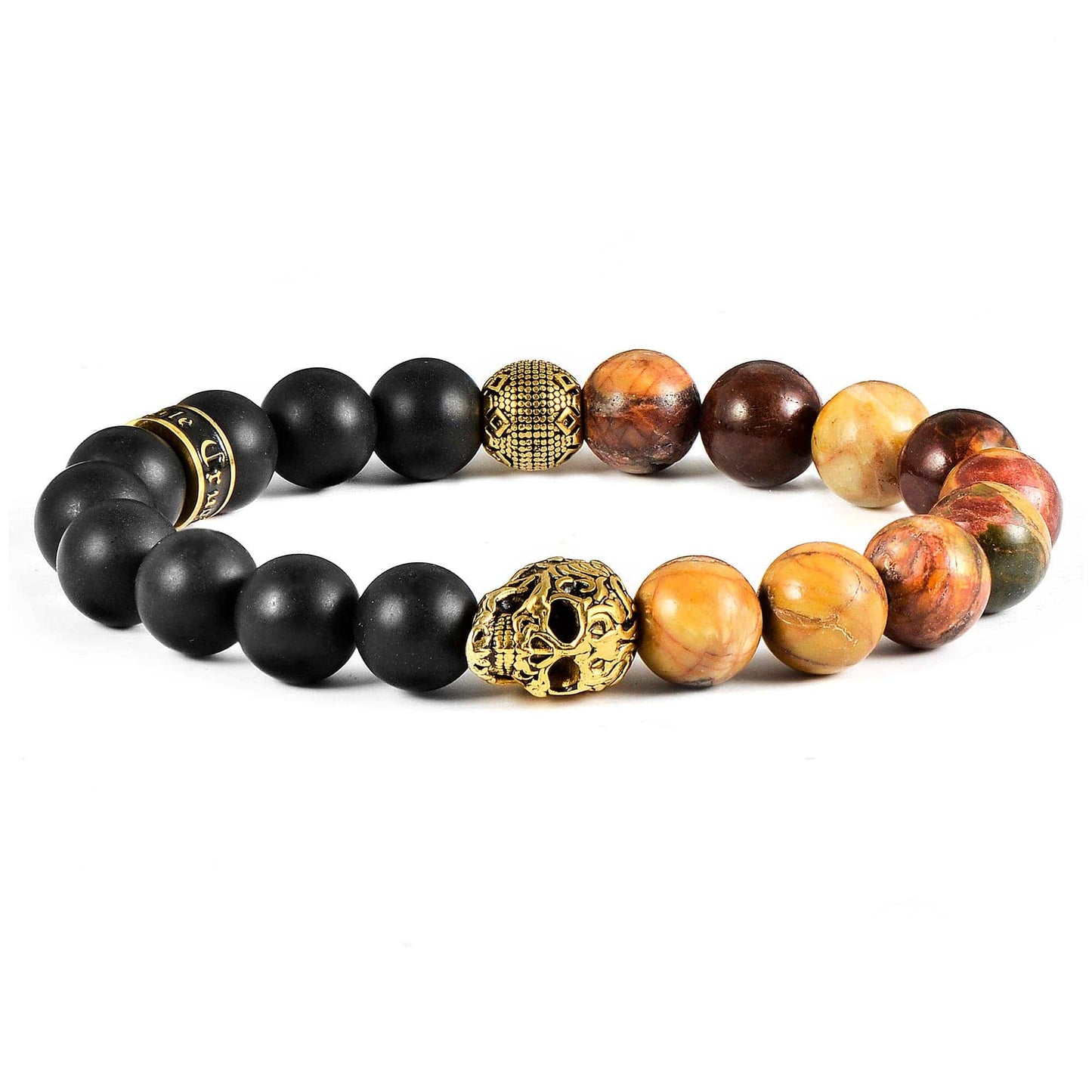 West Coast Jewelry West Coast Jewelry - Crucible Gold Skull Natural Stone Stretch Bracelet (10mm): Polished Onyx and Matte Onyx