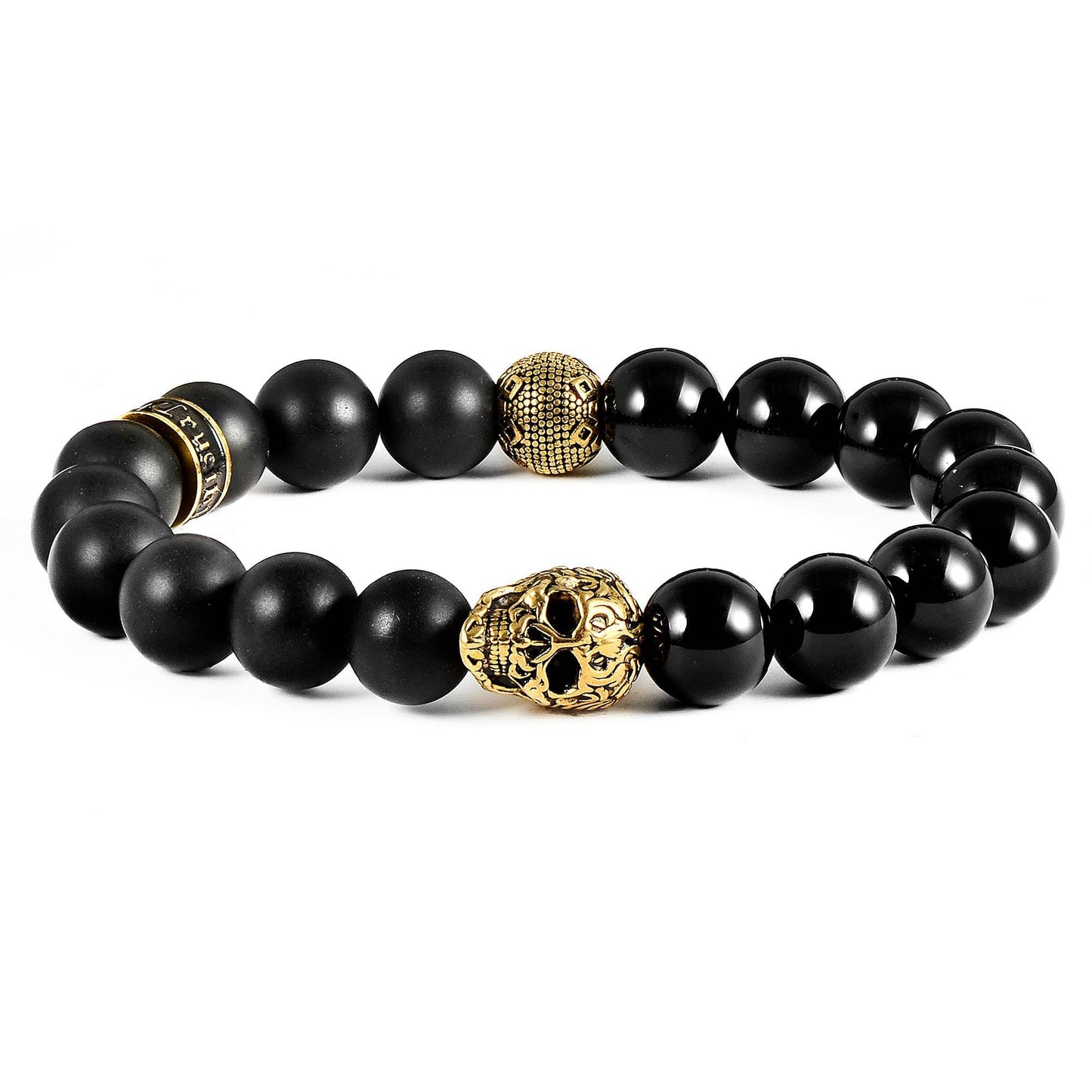 West Coast Jewelry West Coast Jewelry - Crucible Gold Skull Natural Stone Stretch Bracelet (10mm): Red Tiger Eye and Matte Onyx