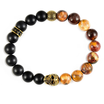 West Coast Jewelry West Coast Jewelry - Crucible Gold Skull Natural Stone Stretch Bracelet (10mm): Red Tiger Eye and Matte Onyx