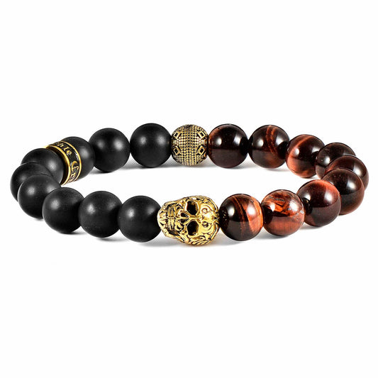 West Coast Jewelry West Coast Jewelry - Crucible Gold Skull Natural Stone Stretch Bracelet (10mm): Red Tiger Eye and Matte Onyx