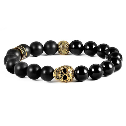 West Coast Jewelry West Coast Jewelry - Crucible Gold Skull Natural Stone Stretch Bracelet (10mm): Tiger Eye and Matte Onyx