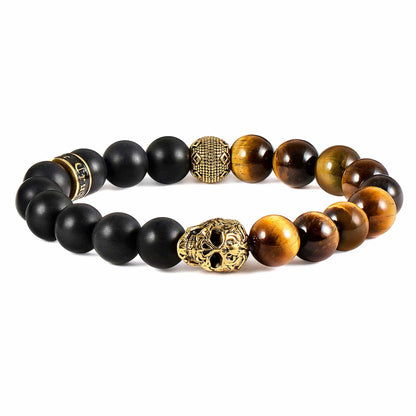 West Coast Jewelry West Coast Jewelry - Crucible Gold Skull Natural Stone Stretch Bracelet (10mm): Tiger Eye and Matte Onyx
