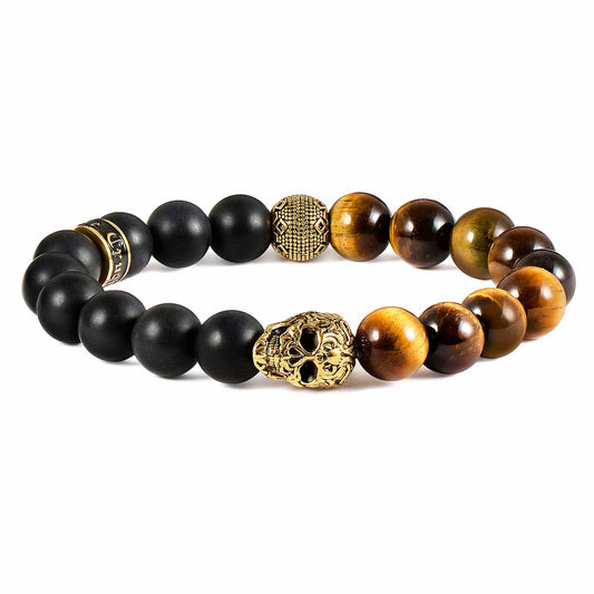 West Coast Jewelry West Coast Jewelry - Crucible Gold Skull Natural Stone Stretch Bracelet (10mm): Tiger Eye and Matte Onyx