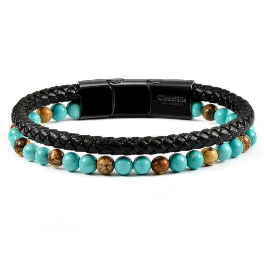 West Coast Jewelry West Coast Jewelry - Crucible Natural Stone Beaded Leather Bracelet - 8.25": Turquoise/Picture Jasper