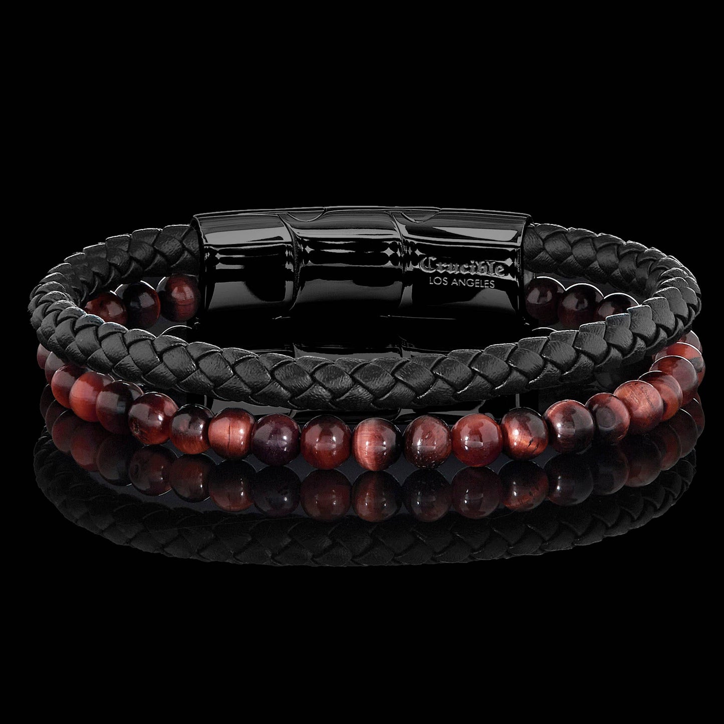 West Coast Jewelry West Coast Jewelry - Crucible Red Tiger Eye Bead Leather Bracelet - 8.25" + Ext: Black