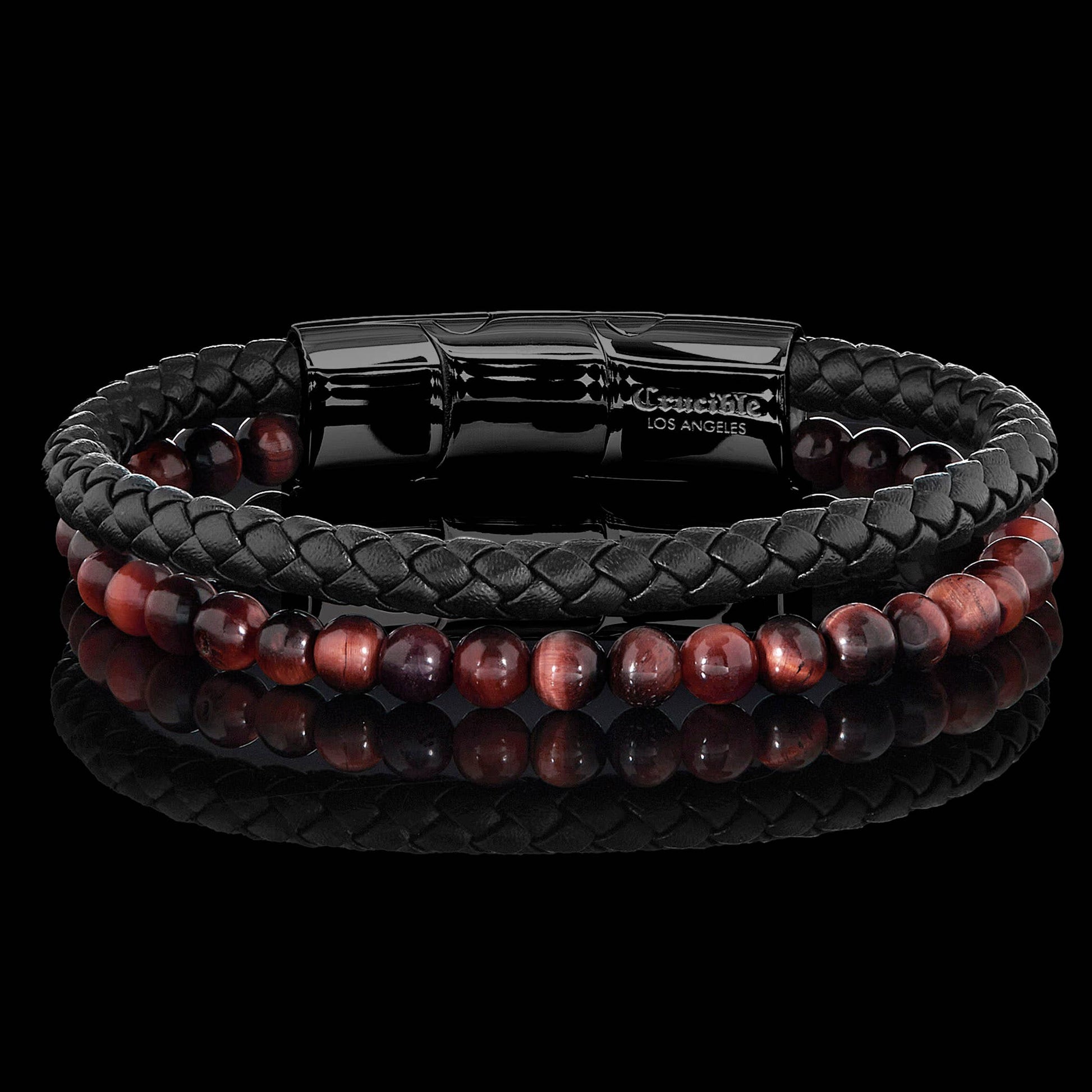 West Coast Jewelry West Coast Jewelry - Crucible Red Tiger Eye Bead Leather Bracelet - 8.25" + Ext: Black