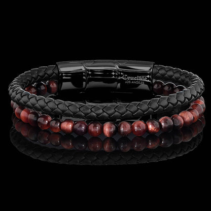 West Coast Jewelry West Coast Jewelry - Crucible Red Tiger Eye Bead Leather Bracelet - 8.25" + Ext: Black