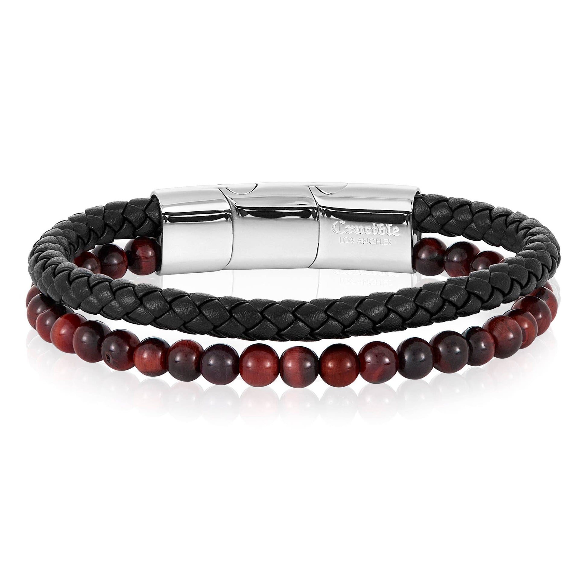 West Coast Jewelry West Coast Jewelry - Crucible Red Tiger Eye Bead Leather Bracelet - 8.25" + Ext: Black