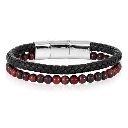 West Coast Jewelry West Coast Jewelry - Crucible Red Tiger Eye Bead Leather Bracelet - 8.25" + Ext: Black