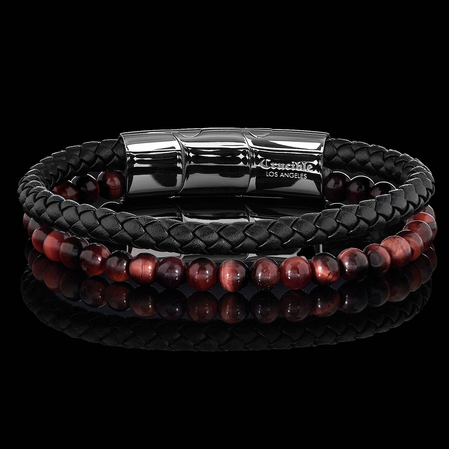 West Coast Jewelry West Coast Jewelry - Crucible Red Tiger Eye Bead Leather Bracelet - 8.25" + Ext: Black