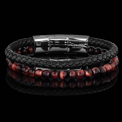West Coast Jewelry West Coast Jewelry - Crucible Red Tiger Eye Bead Leather Bracelet - 8.25" + Ext: Black