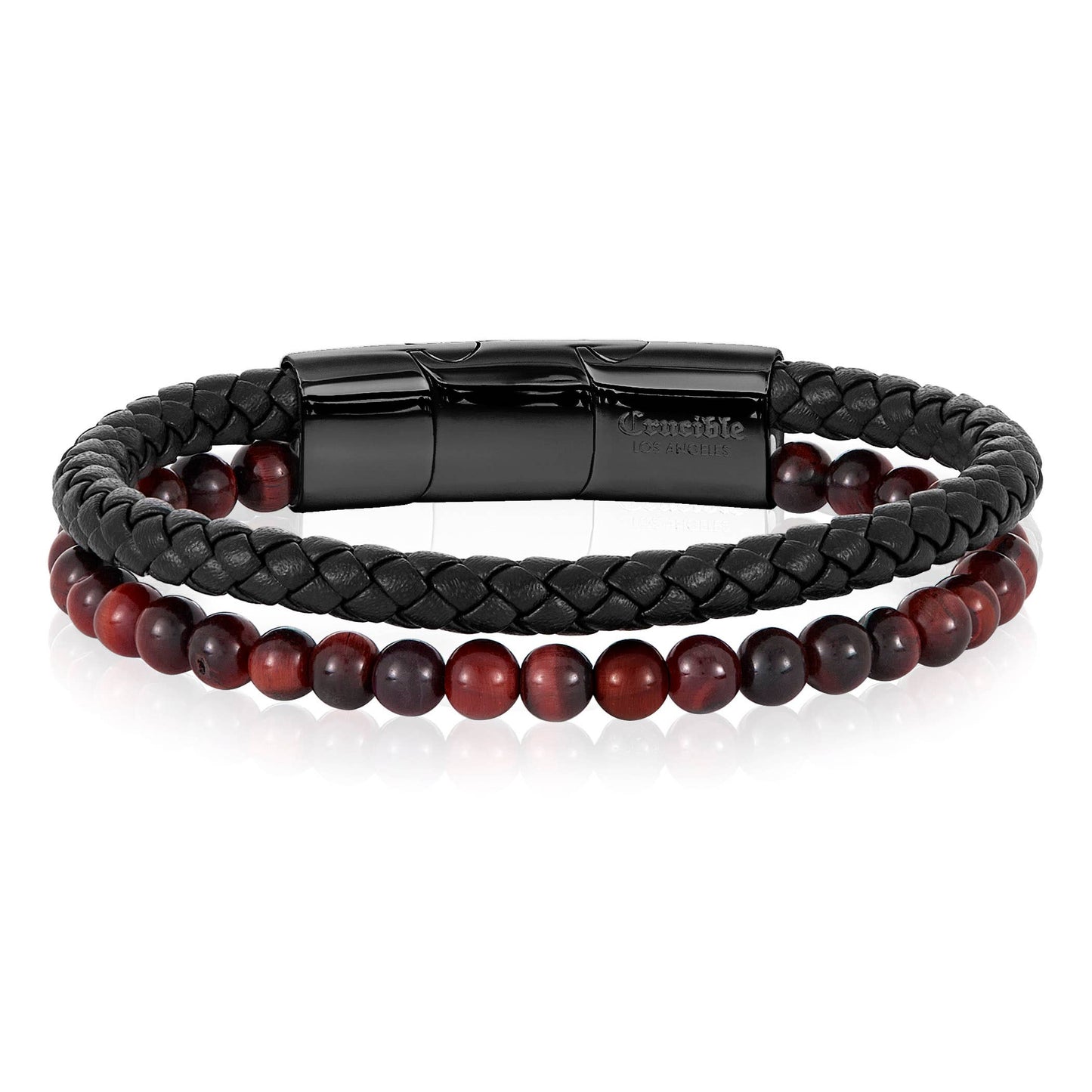 West Coast Jewelry West Coast Jewelry - Crucible Red Tiger Eye Bead Leather Bracelet - 8.25" + Ext: Black
