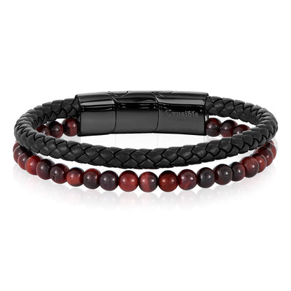 West Coast Jewelry West Coast Jewelry - Crucible Red Tiger Eye Bead Leather Bracelet - 8.25" + Ext: Black