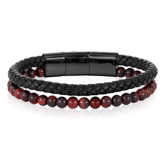 West Coast Jewelry West Coast Jewelry - Crucible Red Tiger Eye Bead Leather Bracelet - 8.25" + Ext: Black