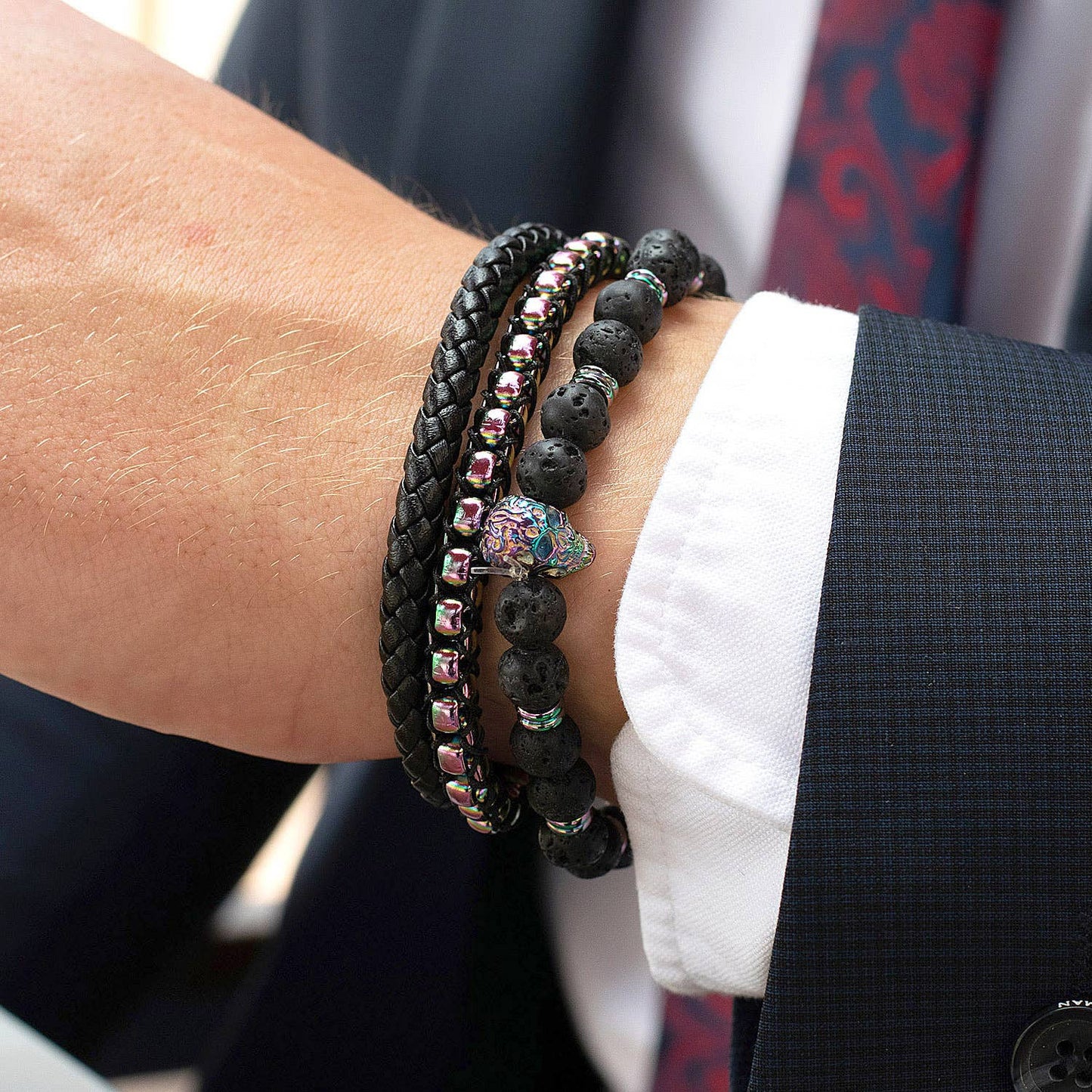 West Coast Jewelry West Coast Jewelry - Crucible Skull and Lava Stone Beaded Stretch Bracelet (8mm)
