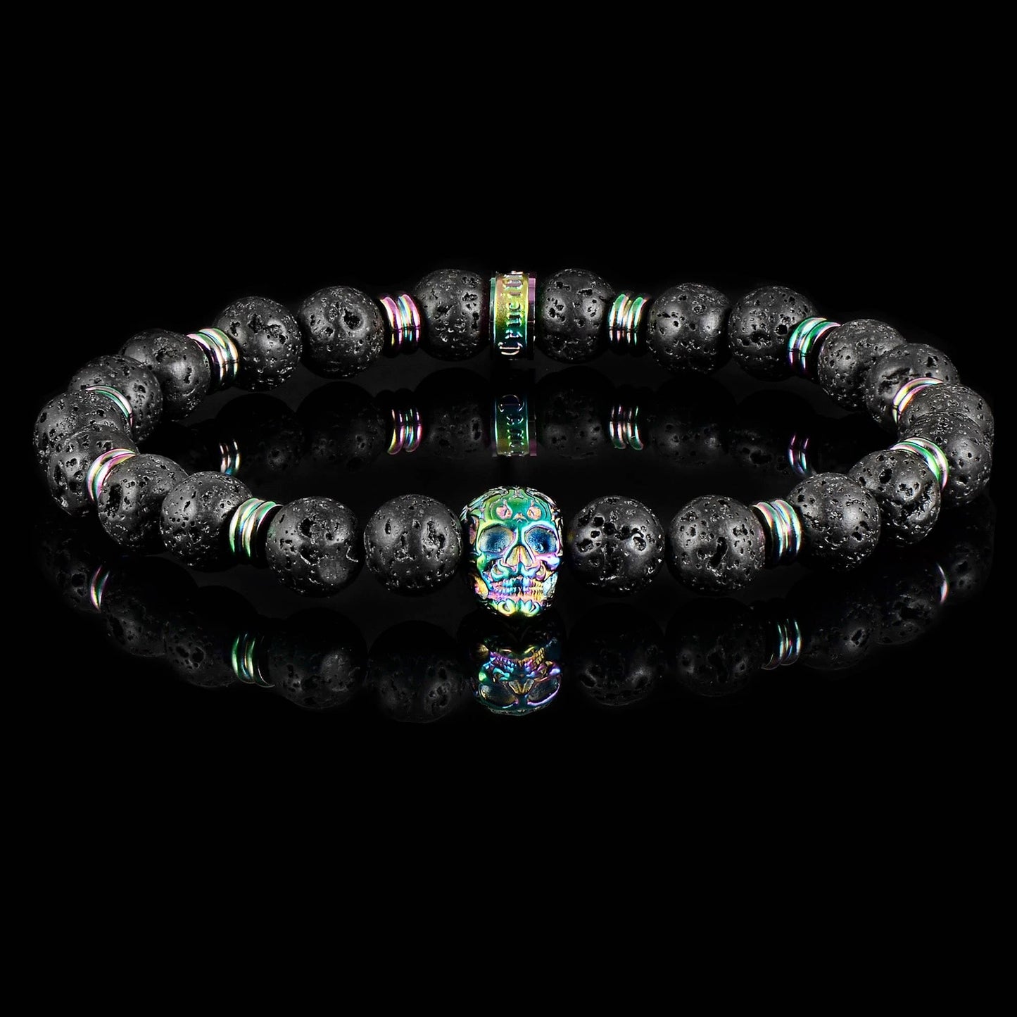 West Coast Jewelry West Coast Jewelry - Crucible Skull and Lava Stone Beaded Stretch Bracelet (8mm)