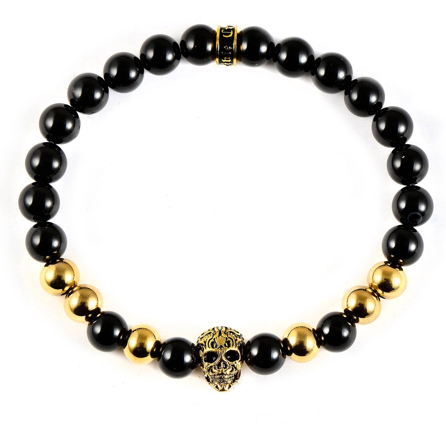 West Coast Jewelry West Coast Jewelry - Crucible Skull and Onyx Stone Beaded Stretch Bracelet (8mm): Gold