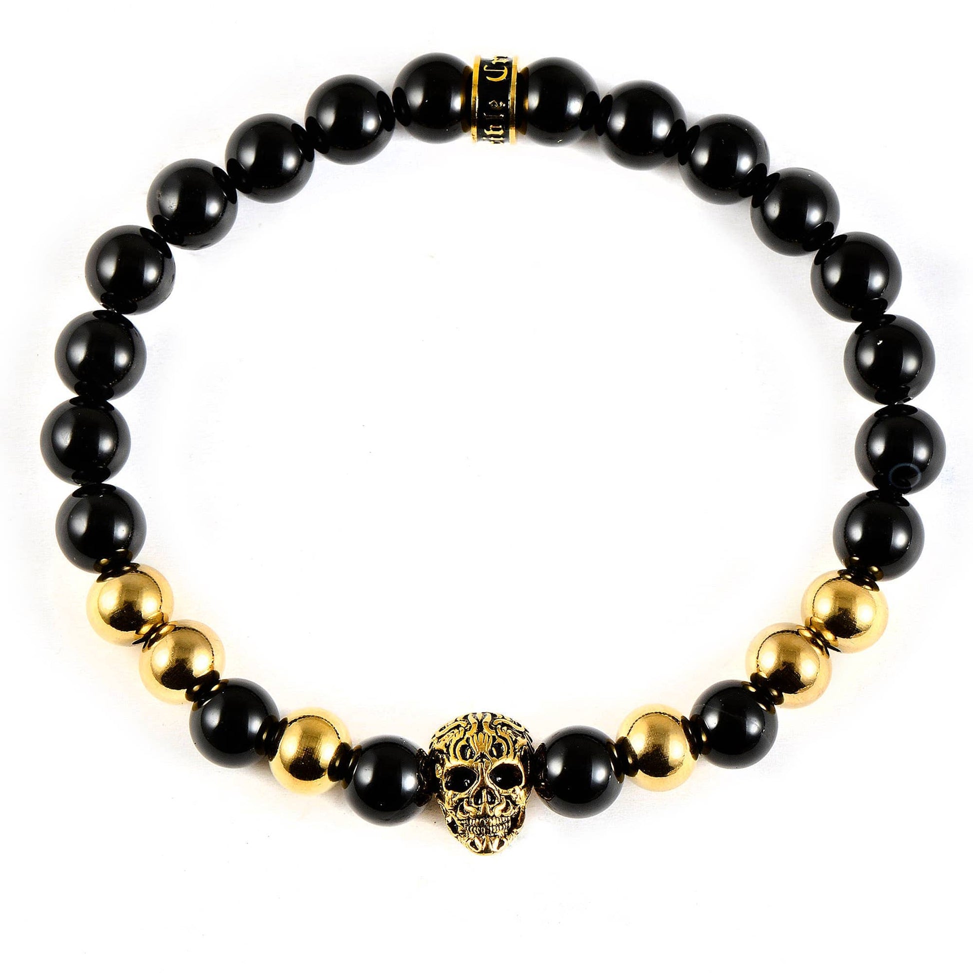 West Coast Jewelry West Coast Jewelry - Crucible Skull and Onyx Stone Beaded Stretch Bracelet (8mm): Gold