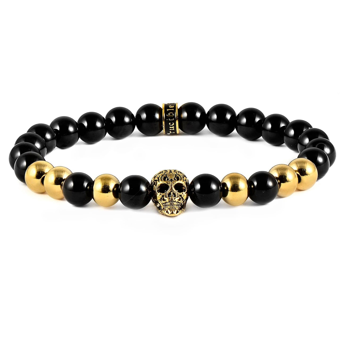 West Coast Jewelry West Coast Jewelry - Crucible Skull and Onyx Stone Beaded Stretch Bracelet (8mm): Gold
