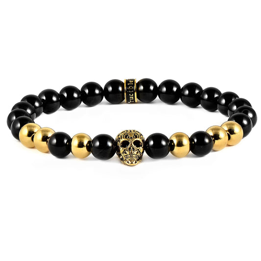 West Coast Jewelry West Coast Jewelry - Crucible Skull and Onyx Stone Beaded Stretch Bracelet (8mm): Gold