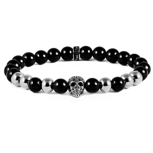 West Coast Jewelry West Coast Jewelry - Crucible Skull and Onyx Stone Beaded Stretch Bracelet (8mm): Silver