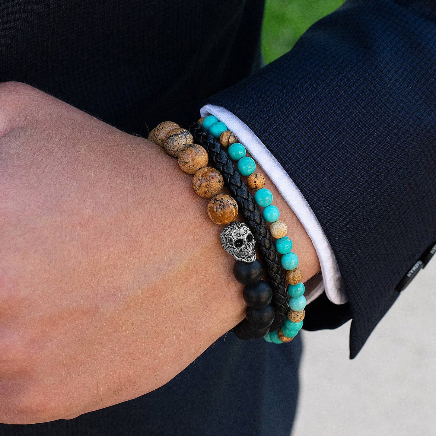 West Coast Jewelry West Coast Jewelry - Crucible Skull Stone and Matte Onyx Stretch Bracelet (10mm): Picture Jasper