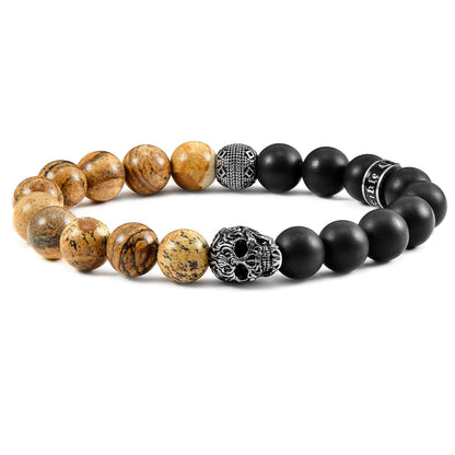 West Coast Jewelry West Coast Jewelry - Crucible Skull Stone and Matte Onyx Stretch Bracelet (10mm): Picture Jasper