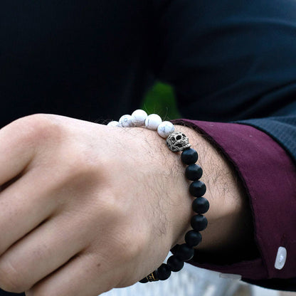 West Coast Jewelry West Coast Jewelry - Crucible Skull Stone and Matte Onyx Stretch Bracelet (8mm): Snowflake Agate
