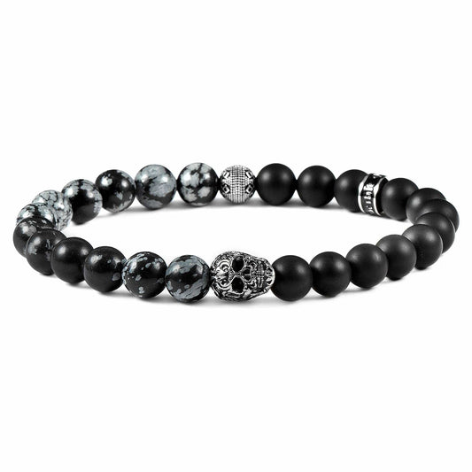 West Coast Jewelry West Coast Jewelry - Crucible Skull Stone and Matte Onyx Stretch Bracelet (8mm): Snowflake Agate