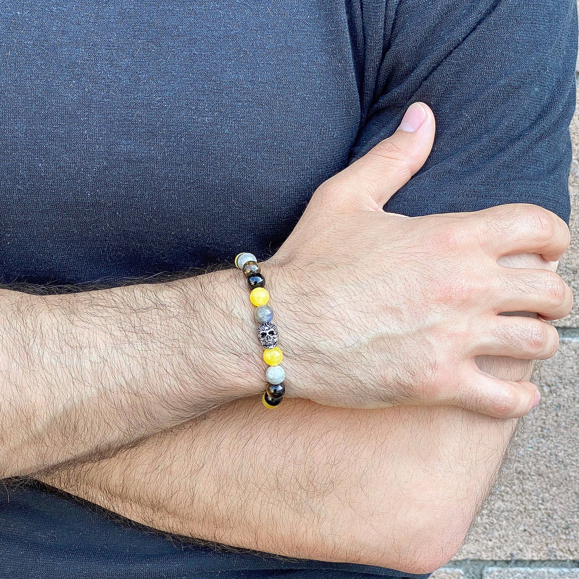 West Coast Jewelry West Coast Jewelry - Crucible Skull Yellow Jade and Mixed Stone Stretch Bracelet