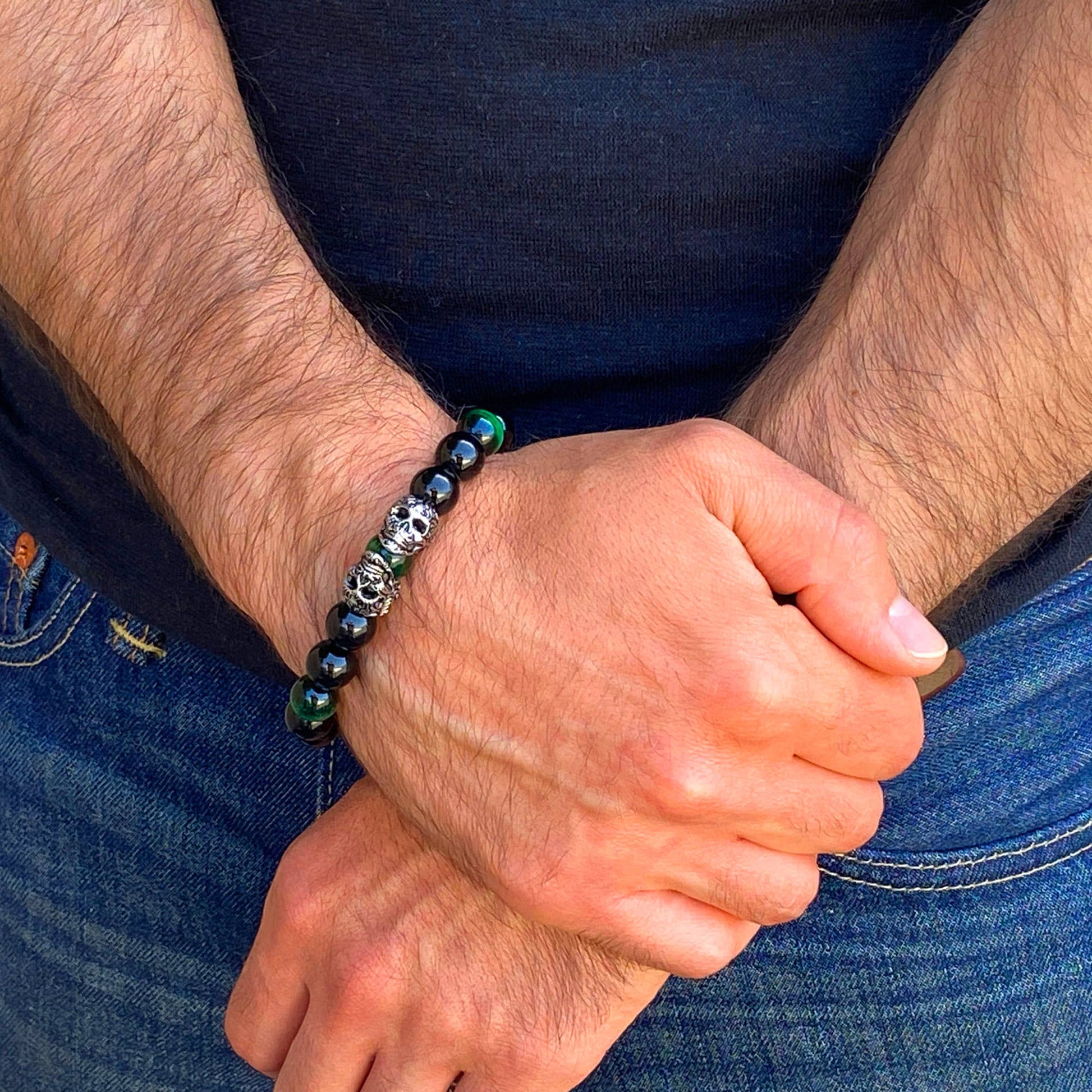 West Coast Jewelry West Coast Jewelry - Crucible Skulls Natural Stone and Onyx Adjustable Bracelet: Green Tiger Eye