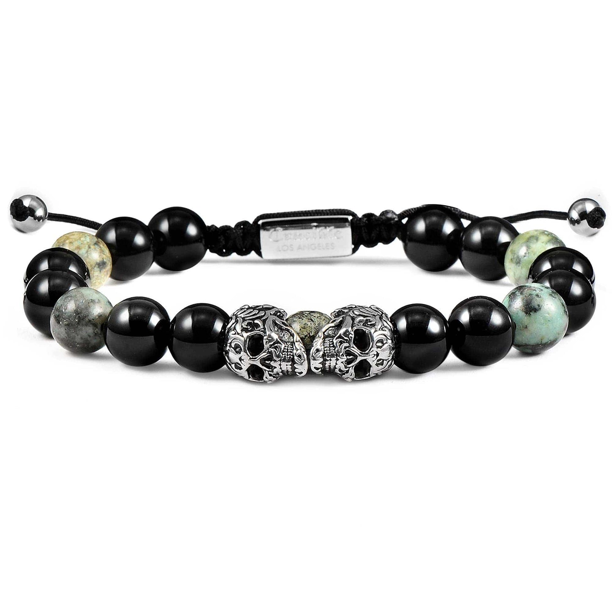 West Coast Jewelry West Coast Jewelry - Crucible Skulls Natural Stone and Onyx Adjustable Bracelet: Green Tiger Eye