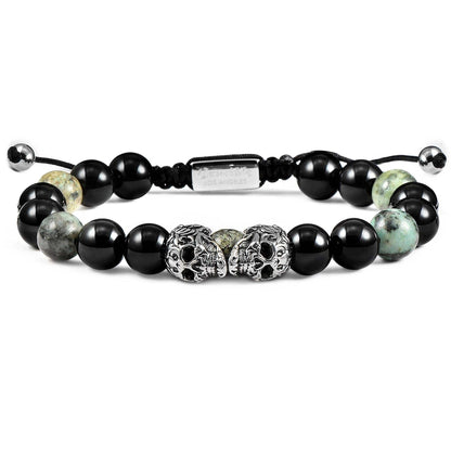 West Coast Jewelry West Coast Jewelry - Crucible Skulls Natural Stone and Onyx Adjustable Bracelet: Green Tiger Eye