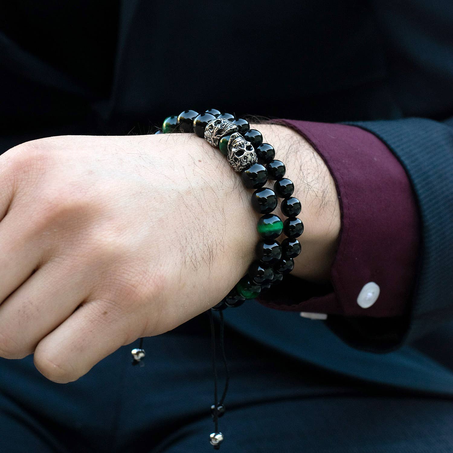West Coast Jewelry West Coast Jewelry - Crucible Skulls Natural Stone and Onyx Adjustable Bracelet: Green Tiger Eye